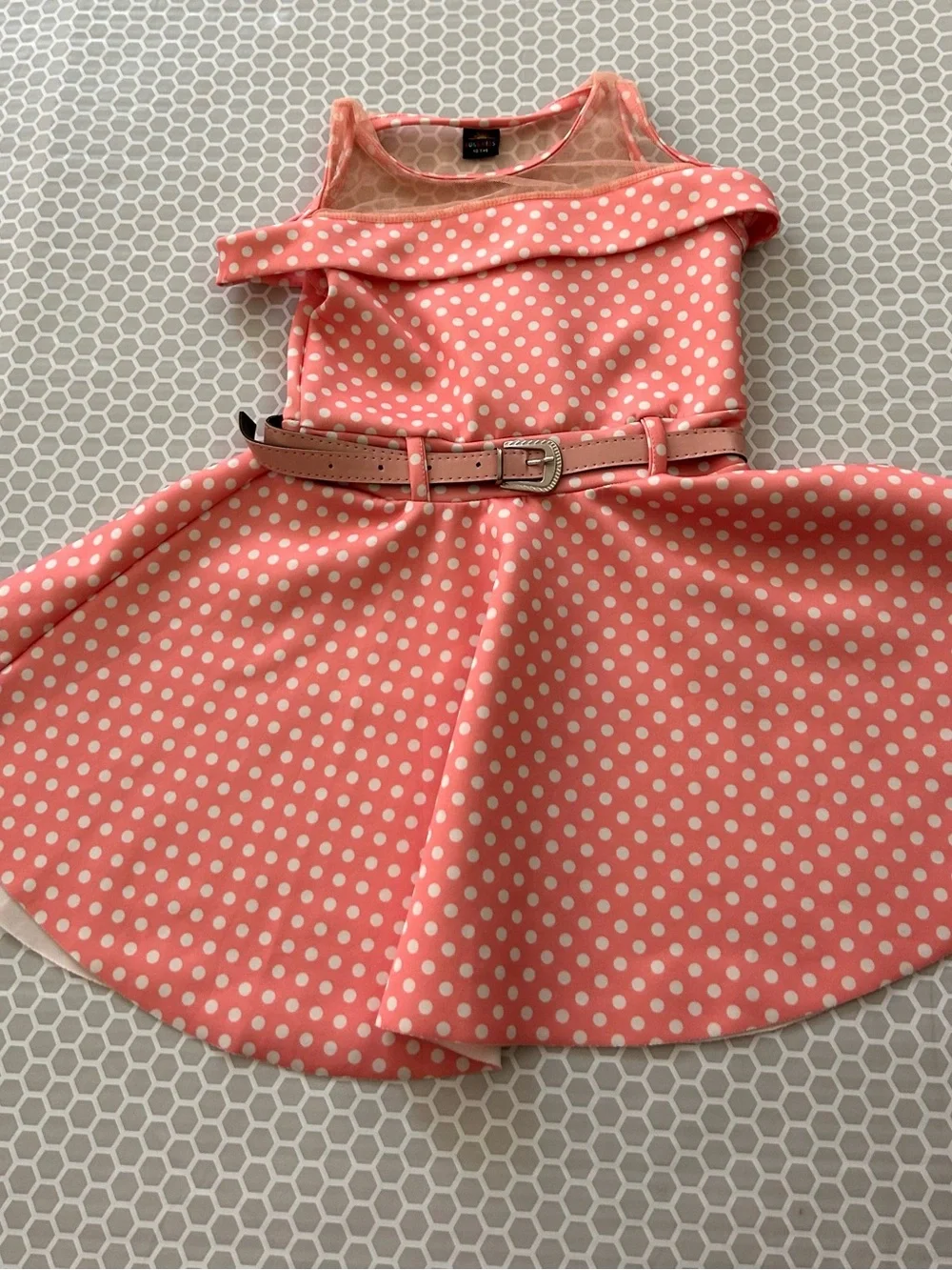 Sun Kids Coral Pink Polka Dot Fit & Flare Dress with Belt. Size 10